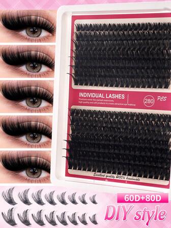 280pcs Fluffy Eyelash Clusters, 40D+60D Thick Lashes, 8-16mm Fine Individual Lashes, D Curl Lash Extension Kit, Suitable For Beginners