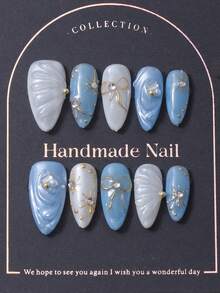 10pcs/Set Press On Nails, Almond Shape, Blue Hand Painted Bow, 3D Textured Swirls, Light And Elegant Makeup, Pure Handmade, Nail Art, Y2K Style, Elegant And Grand, Suitable For Women And Girls To Wear - Blue - View 2