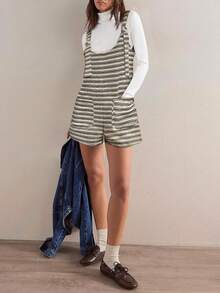 Womens Fall Striped Romper Sleeveless Loose Fit Jumpsuit Tied Shorts With Pockets Outdoor Casual Out - Xám - Xem 4