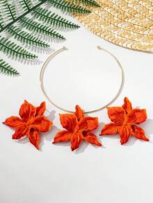 Bộ 3 chiếc/Bộ dây chuyền mặt hoa cỡ lớn bằng kim loại màu cam phong cách Bohemian thanh lịch, bộ trang sức hoa tai dành cho nữ, phù hợp để đeo hàng ngày và ngày lễ - trái cam - Xem 5