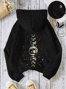 Thanksgiving Outfit Women Moon Print Kangaroo Pocket Hoodie, Casual Long Sleeve Drawstring Hooded Sweatshirt For Fall & Winter, Women's Clothing Winter Clothes For Women - 黑色 - 查看 7