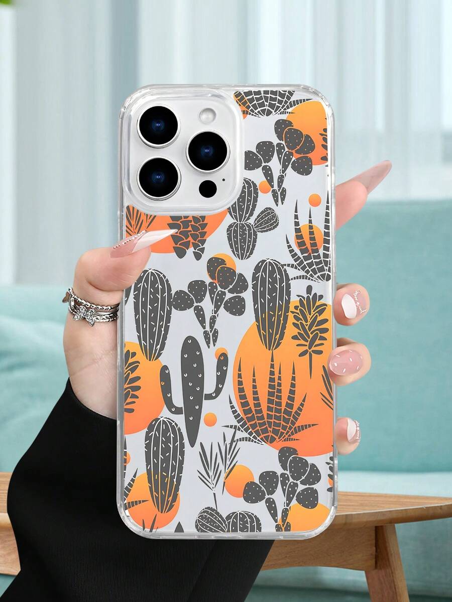 Diseño de cactus y plantas tropicales, funda Apple estilo minimalista y moderno compatible iPhone16 15 14 13 12 11 XS XR X PLUS PRO PROMAX agarre cómodo regalo ideal amigos novia novio familiares - transparente - Ver 1