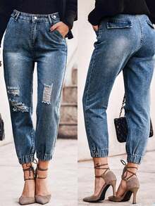 Women's Distressed Jeans - Ripped Denim Pants With Elastic Cuffs And Front Pockets, Casual Street Style Stretch Tapered Ankle Jeans For Women - Medium Wash - View 1