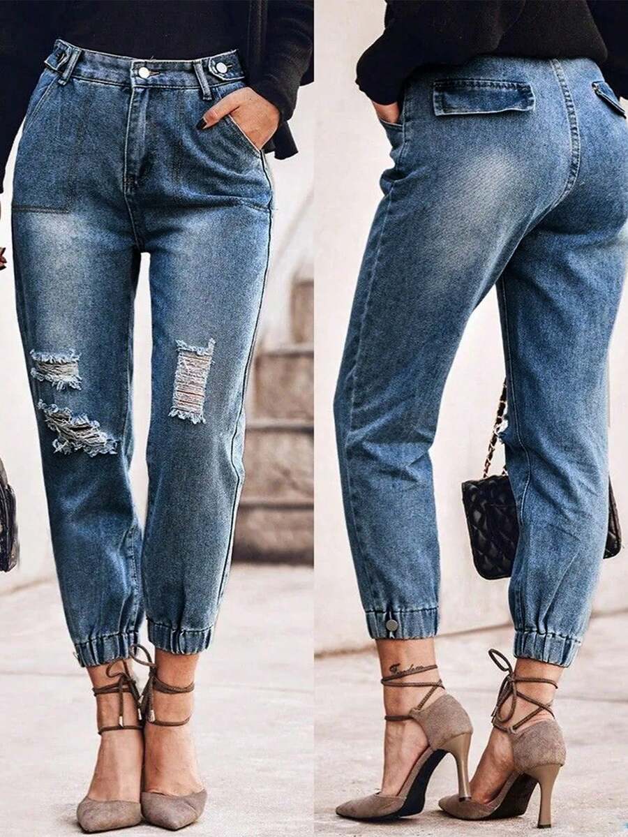 Women's Distressed Jeans - Ripped Denim Pants With Elastic Cuffs And Front Pockets, Casual Street Style Stretch Tapered Ankle Jeans For Women - Medium Wash - View 1