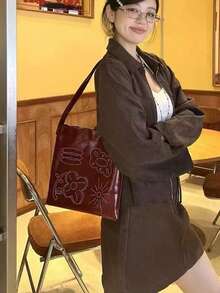 韩国复古小众设计印花腋下单肩包百搭时尚红色方形包包通勤出游日常购物 - 酒紅色 - 查看 4