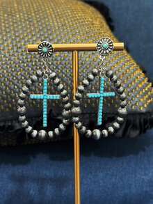 1pc Western Country Style Women Earrings, Gun Black Electroplating, Brushed Surface, Synthetic Green Turquoise Embellished, Teardrop Design, Suitable For Beach Holiday, Work, Daily Wear, Valentine's Day, Mother's Day Gift,Mom,Mother,Mother's Day,Gift - Teardrop - View 5