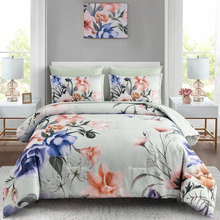 7 Pieces Purple Floral Comforter Sets Full Queen King Bed In A Bag,Elegant Flower Comforter With Sheet Set, Soft Microfiber Bedding Set For Wedding Items,Valentines Day Home Bed Room Decor,Mothers Day Gift,All Season - Misty Green - 查看 7