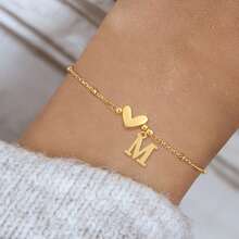 1pc Fashion Stainless Steel Heart Initial Bead Chain Bracelet For Women