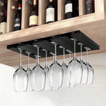 Under Cabinet Wine Glass Rack –4PCS Black Stemware Holder With Strong Adhesive For Kitchen And Bar Use