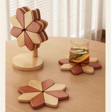 木质隔热碗垫、隔热垫和花朵杯垫套装，带支架。创意风车造型隔热隔热垫，耐热高品质杯垫和隔热垫，适用于您的餐桌。 - 彩色 - 查看 5