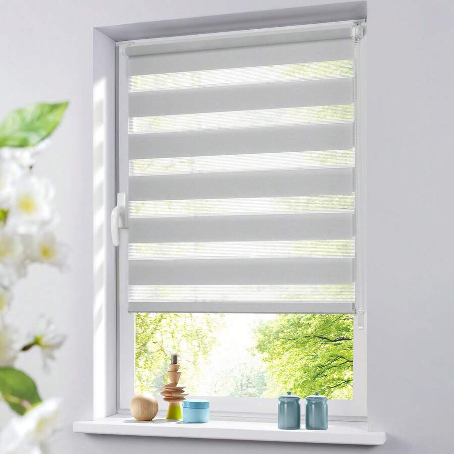Zebra Blinds For Windows Pull Down Roller Window Shades Dual Layer Light Filtering Privacy For Day And Night, Corded Door Shades For Home Easy To Install - Grey - View 1