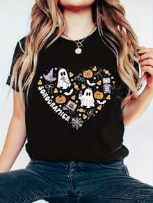 Fall Women T-Shirt Sonographer Heart Halloween Ultrasound Tech MFM OBGYN Spooky T-Shirt Halloween Pumpkin Thanks Giving Family Funny Halloween Graphic Casual Autumn Tee Tops Women's T Shirt - 黑色 - 查看 1