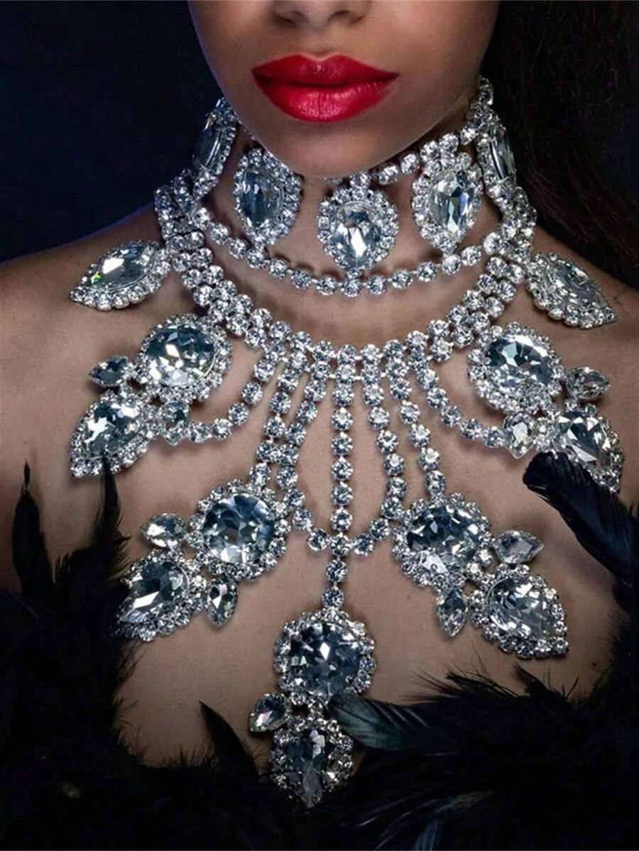 1pc Bohemian Bling White Crystal Rhinestone Maxi Necklace, Luxury Women's Formal Dress Accessory, Fashion Necklace - Bạc - Xem 1