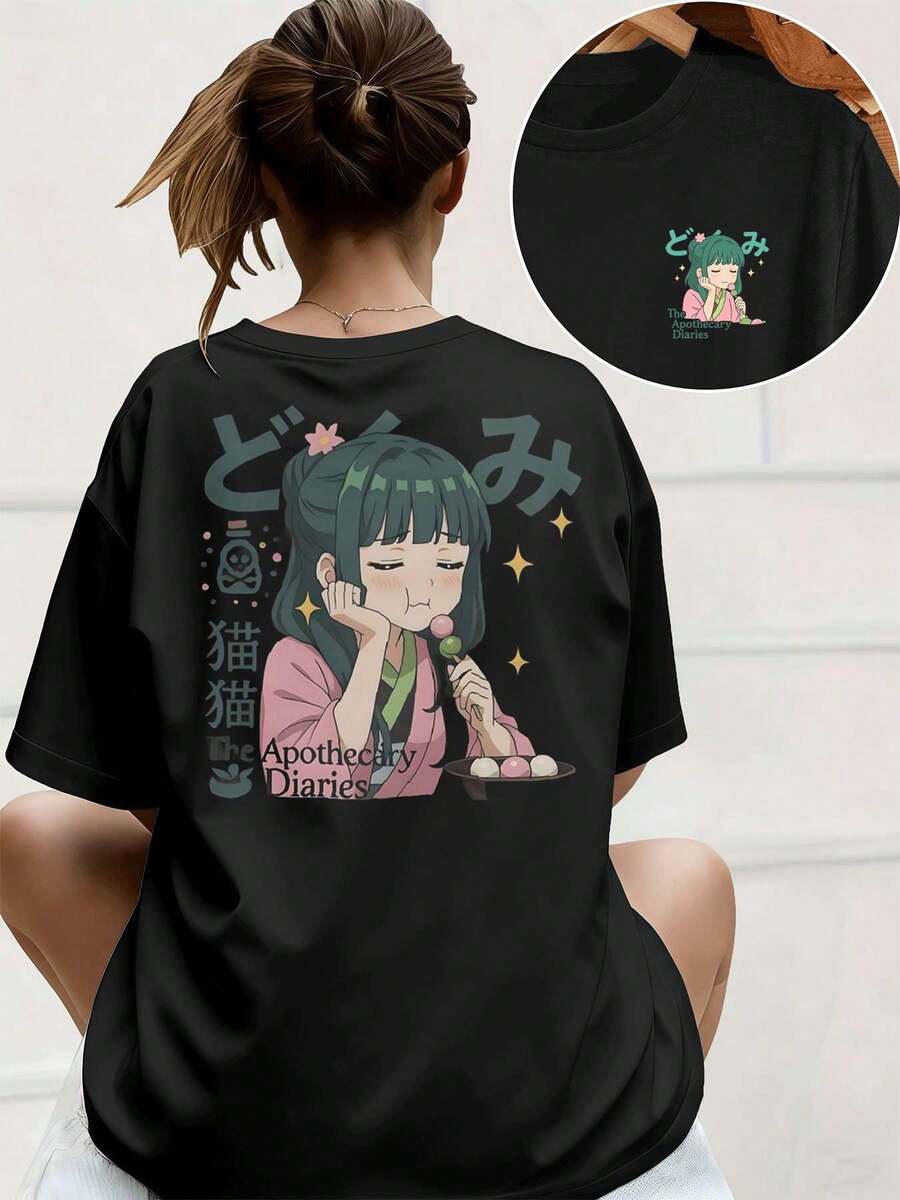 Anime Manga Graphic T-Shirt, Women's Double-Sided Printed T-Shirt, Fashion Casual, Round Neck, 220gsm Pure Cotton (1 Piece) - 黑色 - 查看 1
