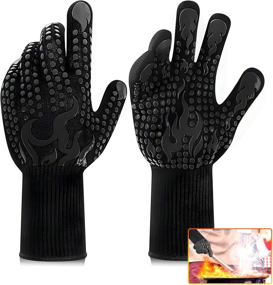 Guantes de Barbacoa, Guantes para Horno Hasta 800 ° C/1472 ° F, Aislamiento Térmico Manoplas de Silicona, Guantes BBQ Antideslizante, Guantes de Cocina para Parrilla, Hornear, Microondas y Chimenea(Negro) - Negro - Ver 1