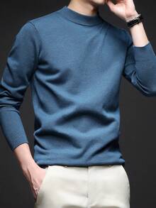 Áo len dệt kim nhẹ, cổ đứng, tay dài, màu trơn, tối giản, thường ngày, dành cho nam, mùa thu/đông - Màu xanh lam - Xem 3