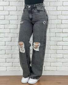 Women's Wide Leg Pantaloon Jeans - Rasgando cinza - 查看 1