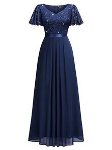 MIUSOL Elegant Women's Contrast Sequin Lace Chiffon Navy Blue Flowing Pleated Hem Maxi Dress With Sweetheart Neck & Flounce Sleeves, For Formal Evening Party, Wedding Guest, Birthday, Vacation, Dinner - 藏蓝色 - 查看 7
