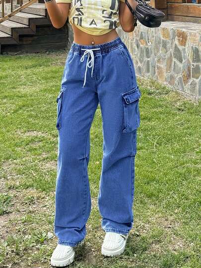 سراويل جينز نسائية ذات خصر مشدود وساق مستقيمة - جينز دنيم مغسول بخصر متوسط وقصة مريحة مع جيوب، كاجوال وراحة