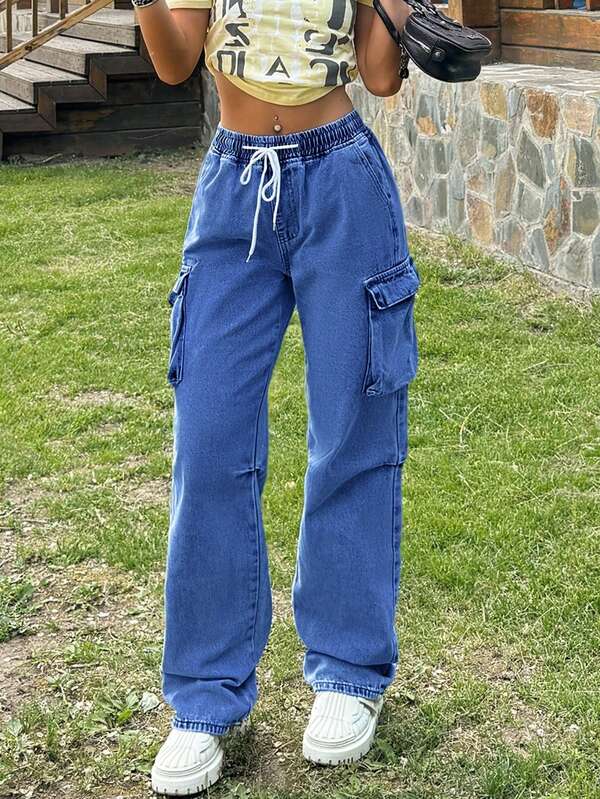 سراويل جينز نسائية ذات خصر مشدود وساق مستقيمة - جينز دنيم مغسول بخصر متوسط وقصة مريحة مع جيوب، كاجوال وراحة