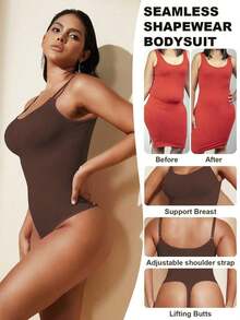 1pc Women Seamless Shaping Bodysuit With Thong Bottom, Slimming Bodyshaper Tummy Control Flat Belly Sheath Jumpsuit Shapewear Waist Trainer Shaper - 棕色 - 查看 2
