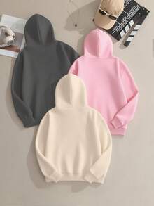 3 件套青少年女孩休闲印花连帽运动衫，厚保暖衬里长袖套头衫，适合学生，秋冬 - 彩色 - 查看 3