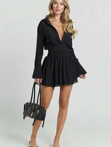 Women's Textured Pleated Flare Sleeve Casual Solid Color Shirt Dress - Black - View 3
