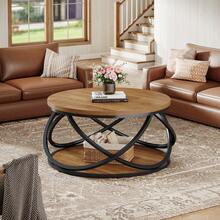 Tribesigns 31.5" Round Coffee Table With Storage Shelves, 2-Tier Circle Center Table With Sturdy Metal Frame, Rustic Accent Cocktail Table For Living Room, Small Space, Brown - Brown & Black - View 6