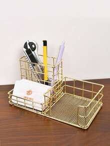 优雅金色金属桌面收纳托盘，多隔层办公桌收纳架，可放置钢笔、化妆刷等物品，精美桌面配件，适合女性、学生及家庭办公使用（金色/玫瑰金）办公桌办公用品笔筒办公配件 - 桌面收納籃 - 查看 7