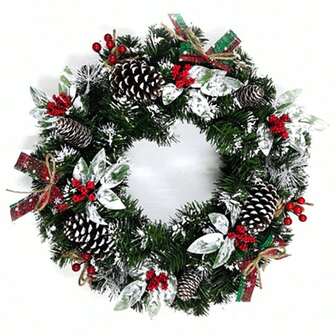 Christmas Decorations -14inch/12Inch/8inch Artificial Christmas Wreath For Front Door Xmas Wreath With Pine Needles Pine Cones Berry Bow Christmas Hanging Decors For Christmas Decor, Home Window Decor ,Wall Decor,Home Decor,(All Products Are Handmade And May Have Minor Imperfections)