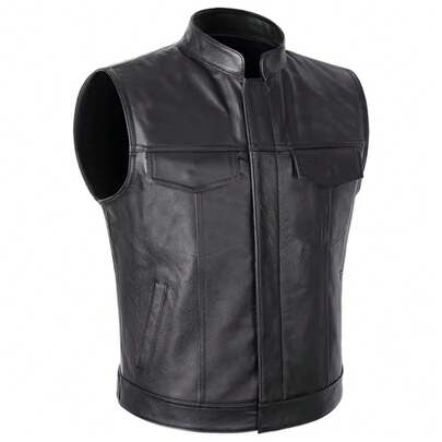 Icebanner Classic Fashion Men's Pu Leather Biker Jacket Vest – Club Style Motorcycle Vest Pockets Cowhide Back Front Panels For Patchwork Motorcycle Jackets Men Lapel Sleeveless Vest Coat For Men's Motocross Motorbike Riding