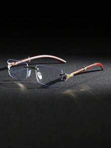 Men's Metal Frameless Wooden Grain Leg Vintage Elegant College Style Clear Lens Glasses, Suitable For Daily Commute, Outfit Matching, Photography, Outdoor Vacation, Also A Great Back-To-School Gift, Perfect For Halloween, Christmas, Easter, Valentine's Day, Independence Day, Thanksgiving, New Year