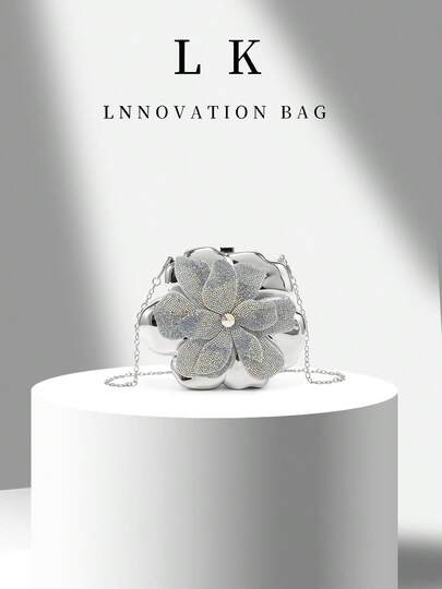 1个奢华银色3D立体花朵水钻镶嵌女士手提包，优雅亚克力手拿包，花朵造型钱包，适合派对、婚礼、舞会、晚宴、圣诞节、新年派对、新娘礼物