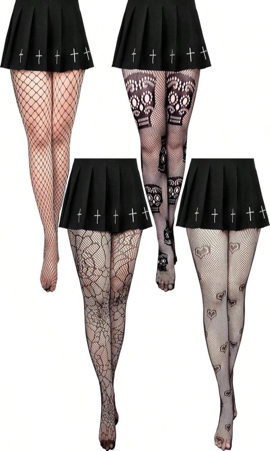 4 Pairs Plus Size Fishnet Stockings Halloween Tights Plus Size Skeleton Fish Net Spiderweb Stockings High Waist Black Fishnet Leggings For Fancy Dress Costume - trắng - Xem 1