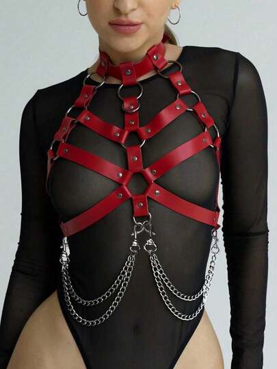 1pc Women's Renaissance Accessories Red Sexy Halter Front Criss-Cross Chest Multi-Layer Chain Suspender, Suitable For Halloween Party Or Daily Wear