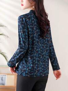 Fashionable All-Over Print Comfortable Long Sleeve Button-Up T-Shirt, Autumn - Royal Blue - View 2