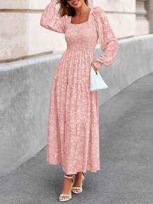 Women's Long-Sleeve Ruffled Floral Flowing A-Line Bohemian Maxi Dress Bridesmaid Dresses Fall Attire - 粉色 - 查看 5