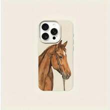 1 pieza Funda protectora de TPU con textura de piel de litchi y diseño de caballo marrón, compatible con las series Apple 16 15 14 13 12 11 Plus Pro Max, funda protectora con estilo INS personalizada, minimalista y de alta estética, resistente a caídas, regalo de cumpleaños o festivo - Beis - Ver 4