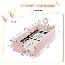 YOGLAD Twin Size Upholstered Platform Bed Frame With Cute Rabbit Ear Shaped Headboard & Safety Rails, Kids Bed With Storage Drawers, Boucle Fabric, Soft Plush Headboard, No Box Spring Needed, Easy Assembly, Modern Nursery Bedroom Furniture For Girls Boys Toddlers - 粉色 - 查看 2