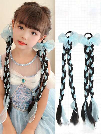 2pcs Kids Colorful Bow Wig Braids Hair Rings Ponytail Sweet Cool Twist Long Braids Hair Tie For Girls