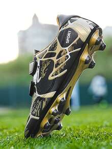 Youth, Campus Student Sports Football Shoes, Football Training Shoes, Football Match Shoes, Soft Spikes Anti-Slip, Long Spikes Anti-Slip, Hook And Loop Convenient To Wear (Asymmetrical Camouflage Pattern On Uppers) - Gold - View 4