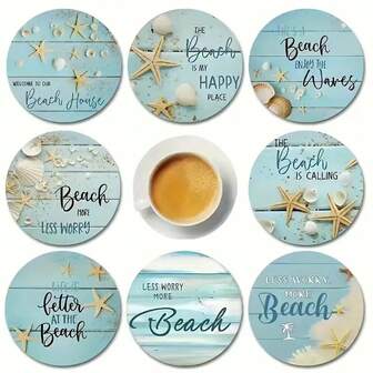 Juego de 8 posavasos de madera con temática de playa costera y patrones de estrellas de mar y conchas - Diámetro de 9,98 cm, lavar a mano, perfectos para tazas de café, bares en el hogar y reuniones festivas, accesorios de playa, 1 juego de 8, 200 juegos de 1600 piezas