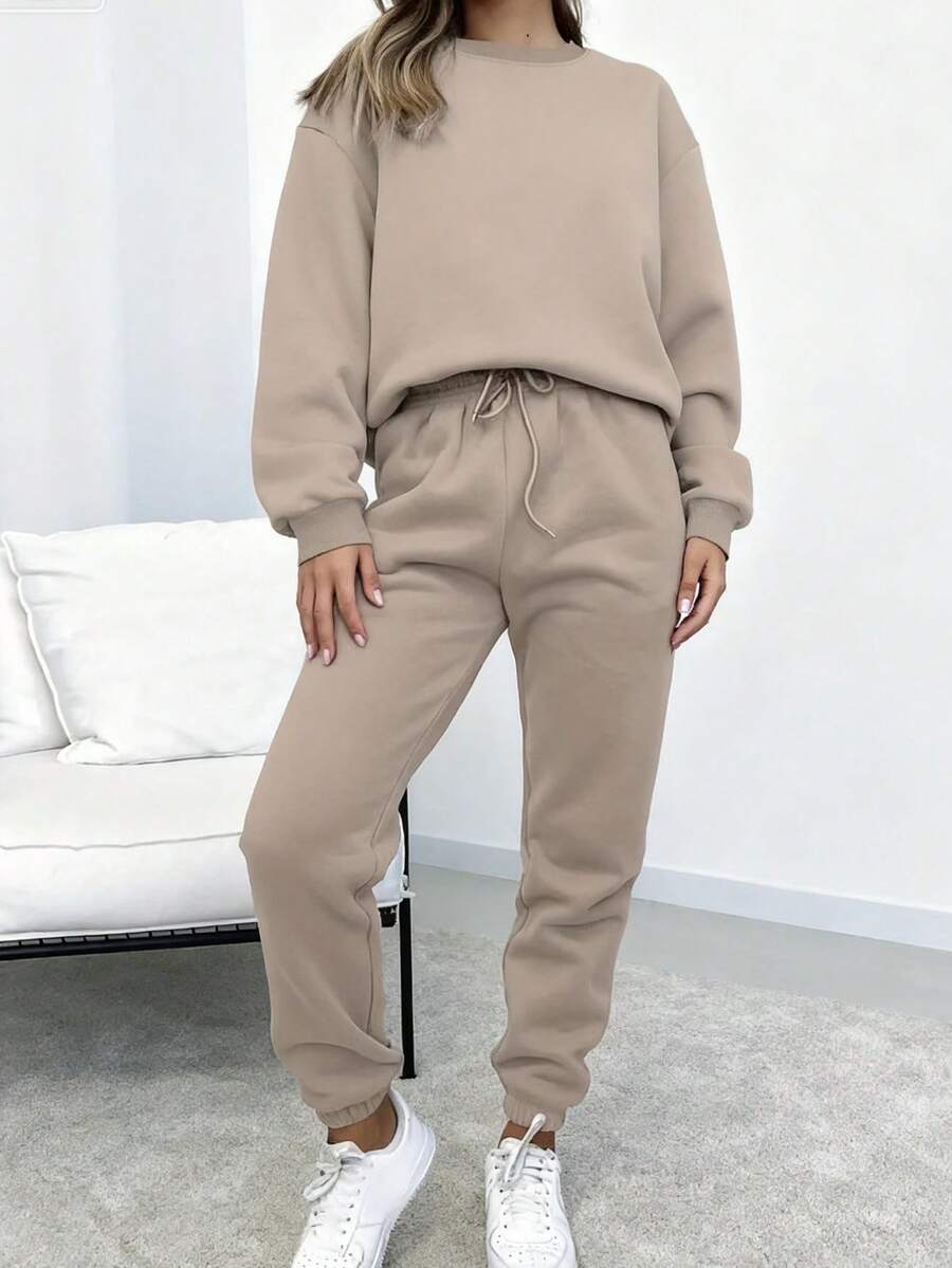 Women's Autumn And Winter Simple Solid Color Loose Pullover Sweatshirt + Solid Color Elastic Waist Cuffed Long Pants Casual, Fashionable, Temperamental, Commuting, Versatile Two-Piece Set - Màu be - Xem 1