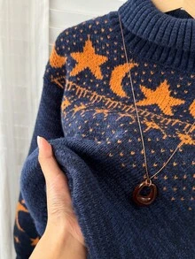 1pc Hipster Cropped Mock Neck Polyester Jacquard Sweater With Moon & Star Galaxy Print, Casual Street Style, Autumn/Winter