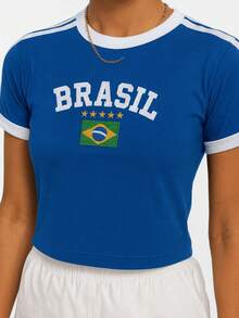 Women's Brazil Shirt Baby Look Embroidered Without State - 寶藍色 - 查看 3