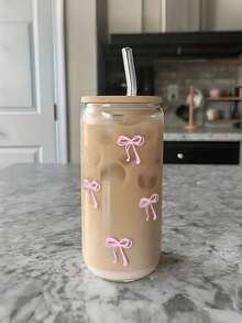 1 Set Of 16 Ounces Transparent Cups (With Lids And Straws) With Blue/Pink Bow Design, Large Capacity Cups, Portable Glass Cups, Suitable For Travel And Outdoor, Juice Drink Cups, Exquisite Milk Cups, High-End Coffee Cups, Suitable For Autumn, Winter, Summer, Christmas, Holidays As Gifts For Family And Friends, Back To School Season, Bow Coffee Cups, Beverage Cups