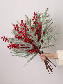 3/6pcs Christmas Tree Branches,2 Green Branches + 1 Red Berry Branches,PE Material,Artificial Cedar Red Berry Branches,Christmas Decorations And Ornaments,21. 65inch/55cm, Artificial Flowers, Autumn And Winter, Artificial Plants, Artificial Flowers, Christmas, Christmas Decorations, Fake Plants