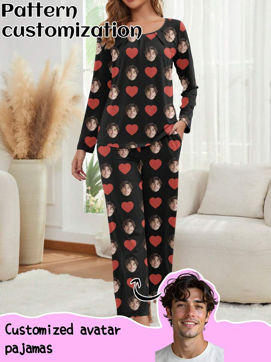 Conjunto de Pijama Personalizado Printstory para Mulheres, Pode Imprimir Qualquer Padrão, Presente Personalizado, Adequado para Família, Amigos e Festas de Feriados - Preto - Visão 1