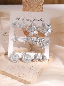 1/6 Đôi bông tai thời trang bằng bạc hình vỏ sò, sao biển, hoa 5 cánh, trái tim, giọt nước, thích hợp cho nữ giới đeo hàng ngày (Chất liệu nhựa ABS nhẹ) - Bạc - Xem 11