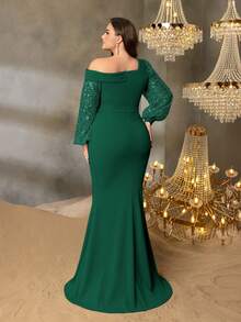 Elisanya Vestido de gala elegante de talla grande con hombros descubiertos, mangas farol halagadoras y falda de sirena impresionante - Perfecto para noches sofisticadas en grandes bodas, galas benéficas de alta gama, ceremonias de premios prestigiosas, cenas de negocios formales y celebraciones de Año Nuevo de lujo - Verde Oscuro - Ver 2